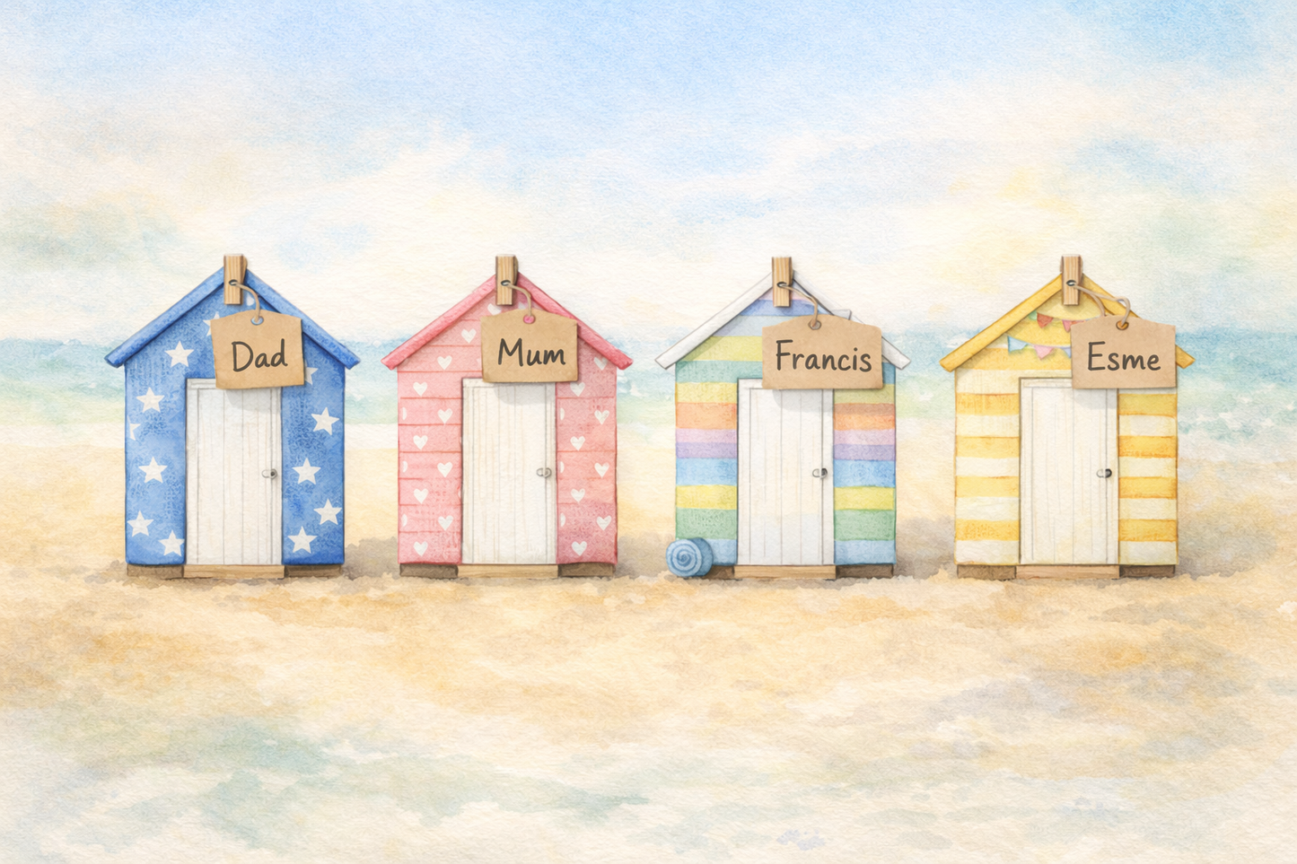 Personalised Family Beach Hut Watercolour Print
