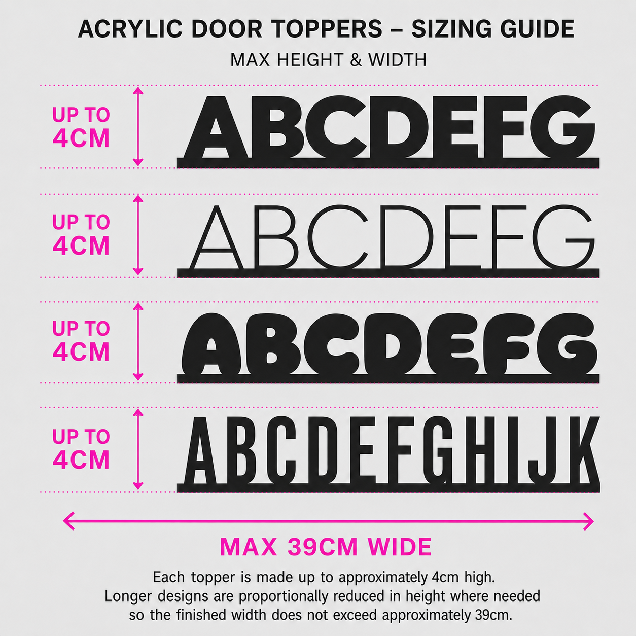 Door topper sizing guide – up to approximately 4cm high, with longer designs scaled to a maximum width of approximately 39cm